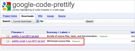 google-code-prettify の Downloads ページで prettify-small-1-Jun-2011.tar.bz2 を選択中